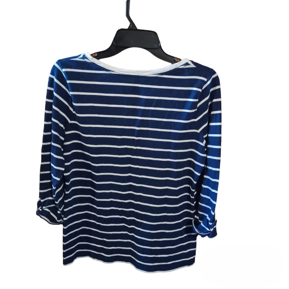 St. John's Bay Navy & White Striped Top Button Cuff Sleeves - Picture 2 of 4